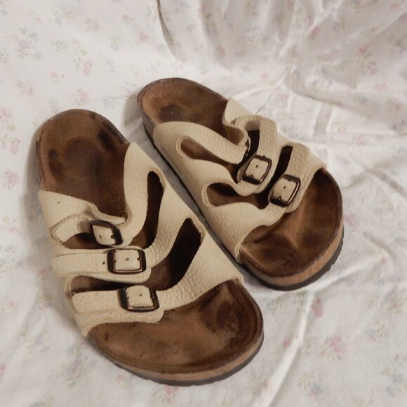 Birkenstock Florida 38 cream pebbled soft leather 7 7.5 8 women's vintage VGC - Picture 2 of 11